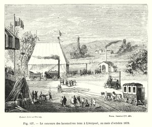 Lokomotivkonkurrencen afholdt i Liverpool, oktober 1829 (gravering) af European School