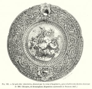 Prisen for frivillige, uddelt af dronningen af ​​England, stykke elektrokemisk guldsmedeværk af MM Elkington, Birmingham, universel udstilling i Paris i 1867 (gravering) af European School