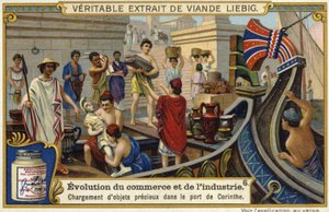 Loading precious objects onto a ship in the port of Corinth, Ancient Greece  af European School
