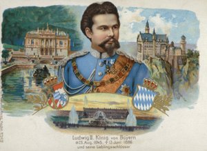 Ludwig II, konge af Bayern, og hans yndlingsslotte (chromolitho) af European School