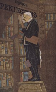 Mand på toppen af en trappestige i en boghandel (farve litho) af European School