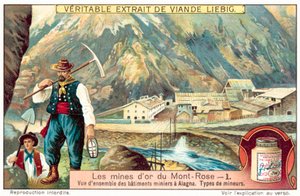 Minearbejdere og minebygninger ved Monte Rosa guldminerne, Italien (chromolitho) af European School