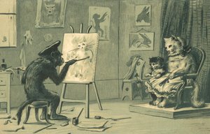 Abe maler et portræt af en kat og en killing (litografi) af European School
