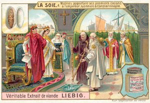Munke bringer de første silkekokoner til kejser Justinian i Konstantinopel (chromolitho) af European School