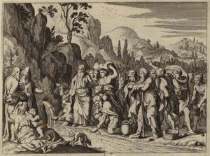 Moses slår på klippen med sin stav for at bringe vand frem (gravering) af European School