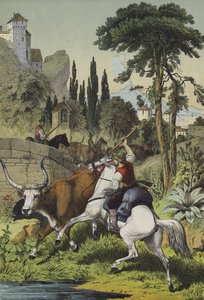 Ridende hyrder i Italien forfølger en steppetyr i et landskab med vilde kastanje-, klyngefyr- og italienske poppeltræer (farve litho) af European School