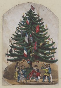 Folk under et juletræ, lykønskningskort (farve litho) af European School