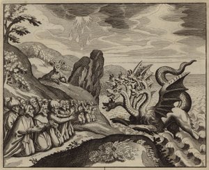 Mennesker, der tilbeder det syvhovedede dyr ude af havet (gravering)