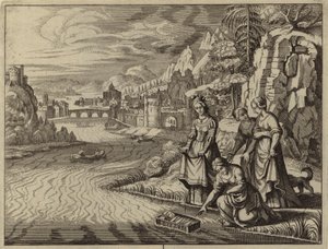 Faraos datter opdager spædbarnet Moses, der flyder på Nilen (gravering) af European School