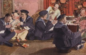 Sømænd i et kinesisk tehus (farvelitografi) af European School