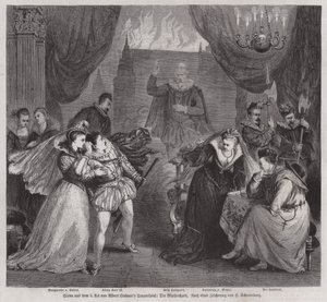 Scene fra tredje akt af den tyske dramatiker Albert Lindners tragedie Die Bluthochzeit (Blodbrylluppet) (gravering) af European School