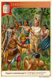 Scene fra The Deerslayer, af James Fenimore Cooper (chromolitho) af European School