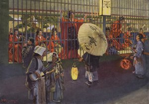 Scene i Yoshiwara-distriktet i Tokyo, Japan (farvelitografi) af European School