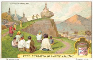 Siamesiske buddhister tilbeder ved en balancerende stenhelligdom (chromolitho) af European School