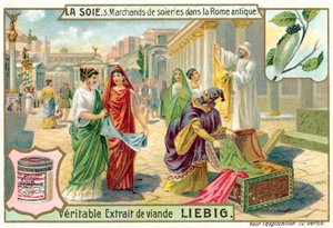 Silkehandlere i det antikke Rom (chromolitho) af European School