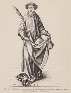 Skt. Stephen bærer en martyrs palmeblad og stenene brugt i hans martyrium (gravering) af European School