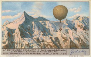 Den schweiziske ballonskipper Eduard Spelterini flyver over Alperne (chromolitho) af European School