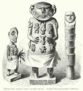 Tahitiske idoler, udskåret i træ (gravering) af European School