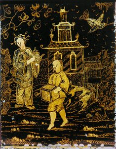 Tea Caddy på kinesisk manér, der forestiller en portør og en dame, der bærer en tekande (metal) af European School