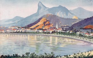 Botafogo-delen af Rios Bayside Avenue med udsigt til Corcovado-bjerget (farvelitografi) af European School