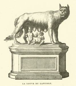 Capitoline Wolf, bronzeskulptur, der forestiller ulven, der dier Romulus og Remus, Roms tvillingegrundlæggere (gravering) af European School