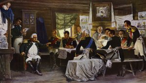 Det militære råd i Phily (farvelitografi) af European School