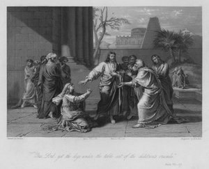 Den syrofeniske kvinde, Mark VII, 28 (gravering) af European School