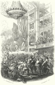 Begyndelsen på den belgiske revolution: opførelse af Daniel Aubers opera La Muette de Porcini på Theatre de la Monnaie i Bruxelles, 25. august 1830 (gravering) af European School
