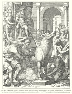 Den skamløse tyr: instrument til tortur og henrettelse ved ild brugt af den antikke græske tyran Phalaris fra Akragas (Agrigento), Sicilien (gravering) af European School