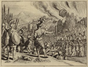Josvas trompeter, der bringer Jerikos mure ned (gravering) af European School