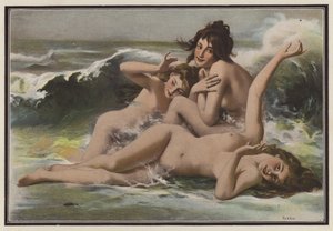 Tre kvinder blandt bølgerne (farve litho) af European School