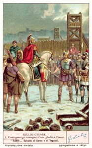 Vercingetorix overgiver sit sværd til Julius Cæsar efter belejringen af Alesia, 52 f.Kr. (chromolitho) af European School