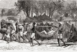 Verney Lovett Cameron ankommer til landsbyen Oulonnda, Afrika, 1878 (trægravering) af European School