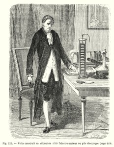 Volta bygger i december 1799 elektromotoren eller den elektriske pæl (gravering) af European School