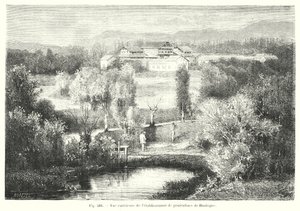 Udvendig udsigt over Huningue dambrug (gravering) af European School