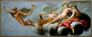 Amor beordrer Merkur til at bekendtgøre sin magt til universet. Hermes har mistet sin egenskab. Maleri af Eustache Le Sueur (1617-1655) 1646 søn. 1x2,5 m.