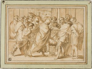 Scene fra romersk historie, med draperet figur, der præsenterer bog for lineal af Eustache Le Sueur