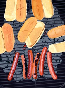 6 hotdogs på grill, sydsiden af Streef (digital kunst) af Evan Sklar