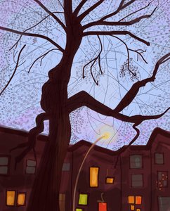 Brooklyn Brownstone Street At Dusk, 2016 (håndtegnet på en iPad med en Apple-blyant) af Evan Sklar