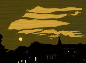 Skyer, måne og park fra taget (digital kunst) af Evan Sklar