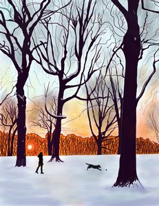 Hund i sne, Brooklyn (digital kunst) af Evan Sklar