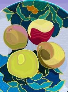 Fire seckelpærer i skål , 2025 (digital kunst) af Evan Sklar