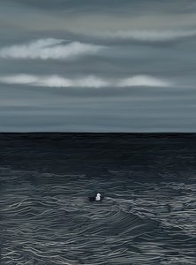 Måge flyder på vand og stormfuld himmel (digital kunst) af Evan Sklar