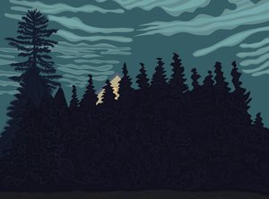 Hus og hæk (digital kunst) af Evan Sklar