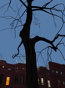 Huse og træer om natten, Brooklyn. (digital kunst) af Evan Sklar