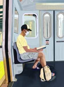 Mand i afklædte shorts læser bog i metroen, ca. 2020-24 (digital kunst) af Evan Sklar