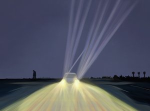 Mand går på parkeringspladsen ved Lighthouse Beach om natten, Chatham, Massachusetts (digital kunst) af Evan Sklar