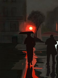 Mand går i regnvejr om natten (digital kunst) af Evan Sklar