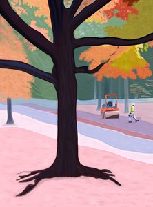 Mand med løvblæser, 2025 (digital kunst) af Evan Sklar