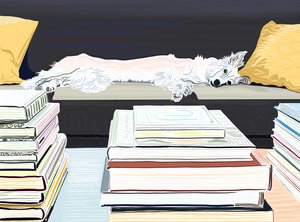 Minnie på sofaen med bøger, ca. 2020-24 (digital kunst) af Evan Sklar